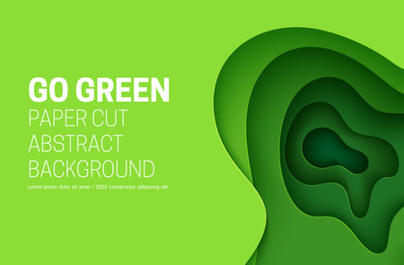 Go green abstract background in paper cut style. 3d layout wallpaper cut out from cardboard. Modern template with abstract curve shapes. Vector environmental card with papercut waves for eco poster.のイラスト素材