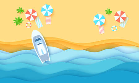 Top view beach background in paper cut style. 3d seaside with umbtellas trees beach towel lifebuoy and ship in summertime in papercut art. Vector card illustration cutout from cardboardのイラスト素材