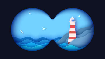 Binoculars viewfinder template. Realistic 3d illustration of transparent gradient lens and sea landscape. Vector card of view binoculars with soft blurry edges and ocean waves in paper cut style.のイラスト素材
