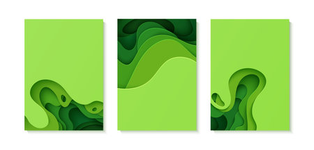 Set of green abstract background in paper cut style. 3d layout wallpaper cut out from cardboard....