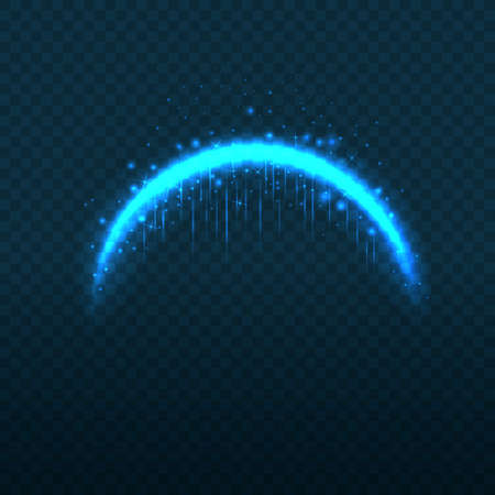 Magic neon blue arc. 3d realistic lighten arch. Fairy curve shiny line with sparkles stars and glitter. Curved luminous neon line with flying lights on a dark background. Vector card illustrationのイラスト素材