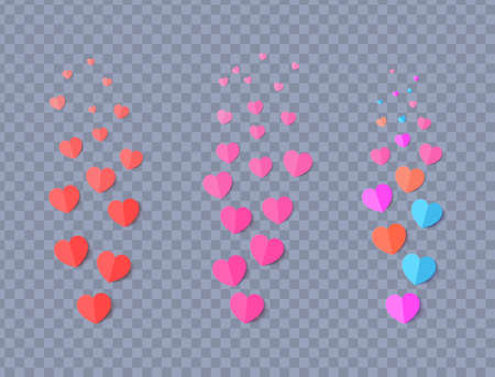 Set of colorful hearts for stream in paper cut style. Flying red pink orange and blue hearts for social media posts, live streaming. Blogging live positive reaction template. Vector illustration.のイラスト素材