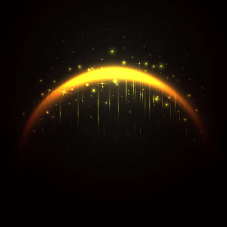 Magic golden arc. 3d realistic lighten gold arch. Fairy curve shiny line with sparkles stars and glitter. Curved luminous neon line with flying lights on a dark background. Vector card illustrationのイラスト素材