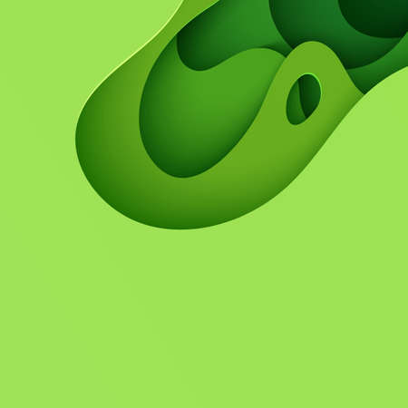 Abstract green background in paper cut style. 3d layout wallpaper cut out from cardboard. Modern template with abstract curve shapes. Vector environmental card with papercut waves for business poster.のイラスト素材