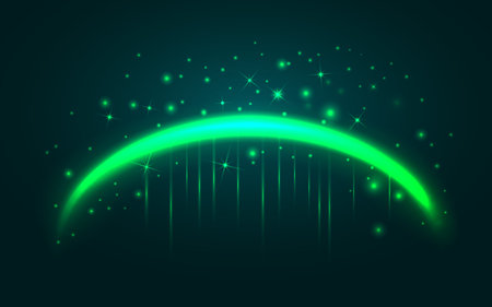 Magic neon green arc. 3d realistic lighten arch. Fairy curve shiny line with sparkles stars and glitter. Curved luminous neon line with flying lights on a dark background. Vector card illustrationのイラスト素材