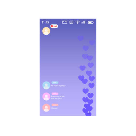 Mockup of mobile app with like live streaming. Interface photo frame design social media application network post template with flying red colored hearts. Vector illustration for video chat, ui, web.のイラスト素材