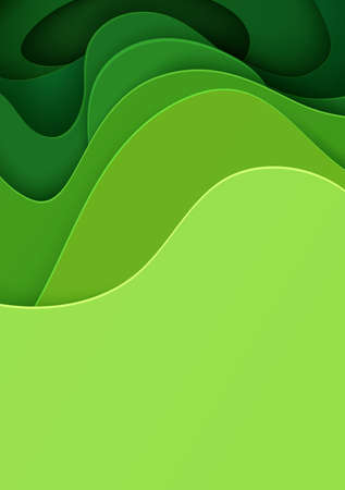 Abstract green background in paper cut style. 3d layout wallpaper cut out from cardboard. Modern template with abstract curve shapes. Vector environmental card with papercut waves for business poster.のイラスト素材