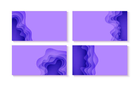 Set of abstract backgrounds in paper cut style. 3d purple colors waves with smooth shadow. Vector illustration with layered curved line shape. Rectangular composition of liquid layers in papercut.のイラスト素材