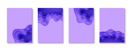 Set of abstract backgrounds in paper cut style. 3d purple colors waves with smooth shadow. Vector illustration with layered curved line shape. Rectangular composition of liquid layers in papercut.のイラスト素材