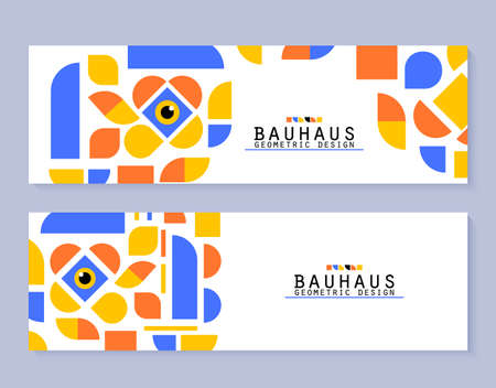 Bauhaus style flyers set. Abstract geometric 2d shapes with modern eye. Web template set with simple colorful forms. Retro art banners and grid pattern. Vector card illustration on white backgroundのイラスト素材