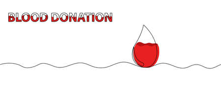 Red drop line art. World Blood Donor Day poster in one line style. Outline raindrop on white background with liquid waves. Vector card illustrations for leukemia or hemophilia conceptのイラスト素材