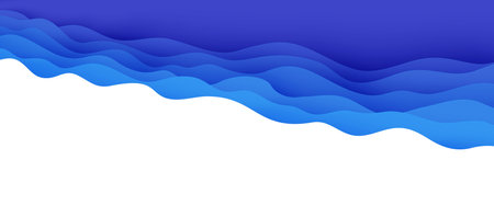 Abstract background with water waves in paper cut style. 3d wallpaper with cut out deep wavy modern cover. Blue color layers with smooth shadow papercut art. Vector illustration, origami shapesのイラスト素材