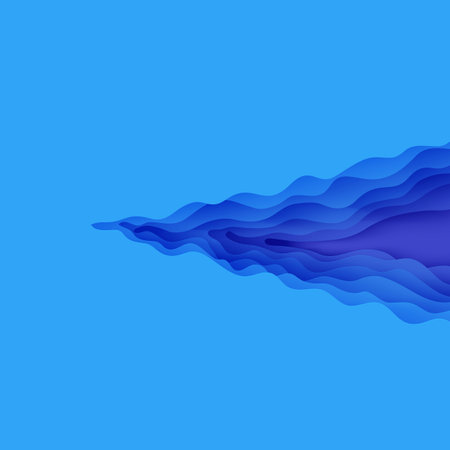 Abstract background in paper cut style. 3d wallpaper with cut out deep waves modern cover. Blue color layers with smooth shadow papercut art. Vector card illustration, origami geometric shapes.のイラスト素材