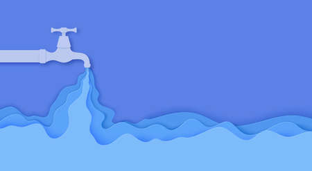 Faucet from which water flows in paper cut style. Flowing liquid and waves in blue papercut art. Water pipe with tap valve. Save the Water ecological poster. Environment card template. Vector cardのイラスト素材