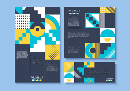 Bauhaus style flyer. Abstract geometric 2d elements with modern geometric figures. Web template with...