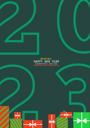2023 numbers in minimalist style. New Year sign with lines and gift boxes. Christmas card with...