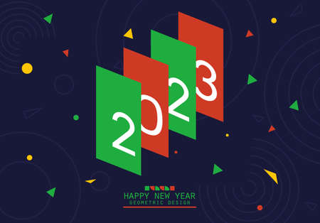 2023 numbers in minimalist style. New Year sign with confetti of simple geometric shapes. Christmas card with red and green decoration. Bauhaus art flyer. Vector 2d illustration on dark backgroundのイラスト素材