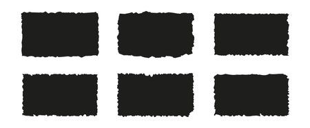 Set of torn paper pieces. Black grunge jagged rectangle frames. Vector torn paper sheet for sticker, collage, banner. Ripped shapes silhouettes isolated on white backgroundのイラスト素材