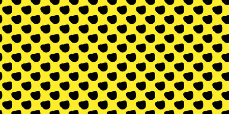 Playful polka dot delight: Seamless vector pattern featuring black freeform dots on a vibrant yellow backdrop. Creative texture of chaotic round shapes and cute triangles. Dotted wrapping paper.のイラスト素材