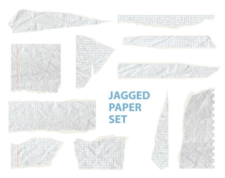 Torn ripped notebook papers, Cut sheets with square grid, cutout collage piece. Realistic blank gridded white cardboard. Vector illustration of different scraps set, calligraphy paper sheet border.のイラスト素材