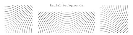 Sound wave irradiation or circular vibrations on the water surface. Set or circular stripe backgrounds. Abstract radial pattern. Square and rectangular monochrome backdrops. Vector illustration.のイラスト素材