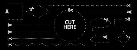 Set of scissors with cut lines. Vector collection of different geometric shapes with dashed strokes and scissors cutting the paper by the various lines. White paper cut icons on black background.のイラスト素材
