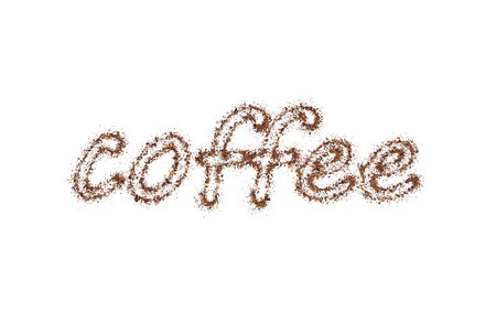 The word coffee is written with scattered powder. Text made from coffee or chocolate powder flying dust particles on white background. Crushed granules of sand or brown cane sugar, vector illustrationのイラスト素材