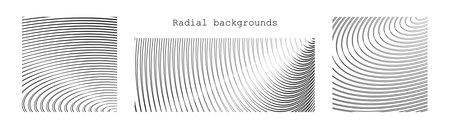 Sound wave irradiation or circular vibrations on the water surface. Set of circular oval stripe backgrounds. Abstract radial oblique smooth lines pattern. Monochrome backdrops. Vector illustrationのイラスト素材