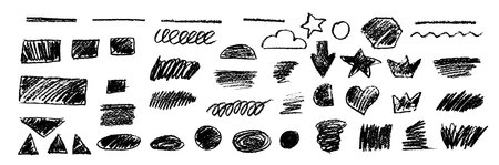 Black underline pencil hand drawn various ellipses, crowns, doodle cloud and sun, arrow, star, triangle and heart. Vector grunge charcoal pencil curly lines, squiggles and shapes. Rough crayon strokesのイラスト素材