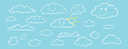 Set of abstract pencil clouds. Hand drawn cartoon cloudy sky and sun. Vector illustration of collection of white eddy on blue background. Imitation of a childs drawing with pencils on blackboard.のイラスト素材