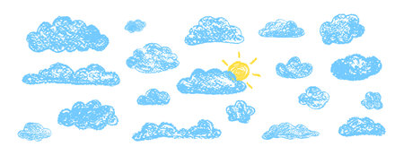 Set of abstract pencil clouds. Hand drawn cartoon cloudy sky and sun. Vector illustration of collection of blue eddy on white background. Imitation of a childs drawing with pencils on blackboard.のイラスト素材