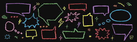 Speech bubbles crayon set. Collection of hand drawn chalk lightning, flash, stars signs. Child...
