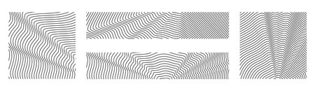 Sound wave irradiation or circular vibrations on the water surface. Set of circular tree rings backgrounds. Abstract radial oblique smooth lines pattern. Vector collection of monochrome backdrops.のイラスト素材