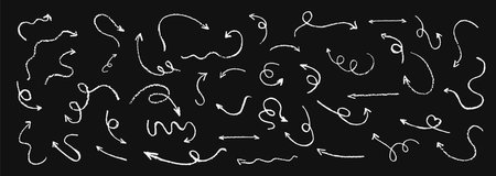 Set of children hand drawn crayon arrows. Collection of abstract white pastel curved pointers. Fun wax chalk vector pointers pointing in various directions. Simple design elements of complex path.のイラスト素材