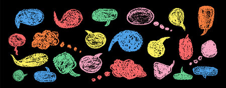 Set of fun speech bubbles for chat. Comic frame templates for dialogues. Collection of children speech balloons handwriting with wax pen. Colorful frames in school doodle style. Vector illustrationのイラスト素材