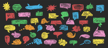 Set of fun speech bubbles for chat. Comic frame templates for dialogues. Collection of children speech balloons handwriting with wax pen. Colorful frames in school doodle style. Vector illustrationのイラスト素材