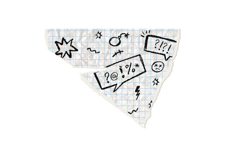 Piece of page with black color swear symbols. Dialog text boxes written by wax crayon on jagged white paper with square grid. Part of torn notepad with handwriting anger emoji. Vector illustrationのイラスト素材