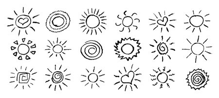 Set of fun like kid drawing black sun. Collection painted with pastel crayons or wax pencil sunny icons. Summer sky symbols. Rough chalk texture vector illustration in children style. Design elements.のイラスト素材