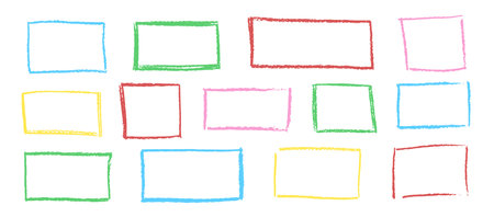 Set of wax pencil hand drawn frames. Collection of writing by children pastel rectangular and square geometric shapes. Vector illustration. Colorful doodle style outline text boxes with grunge textureのイラスト素材