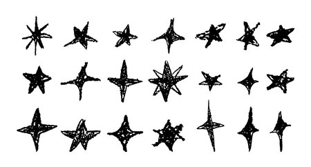 Set of black chalk drawing stars. Shine or sparkle doodle collection. Children style wax pencil handdrawing elements of night sky. Crayon scratch grunge texture star shapes. Vector illustrationのイラスト素材