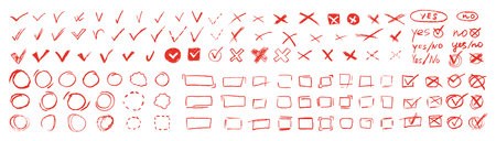 Set of voting elements. Yes or no signs and square, rectangular or round filled boxes for hand-drawn choices. Vector sketch of quiz red elements OK, correct or incorrect for answering test questions.のイラスト素材