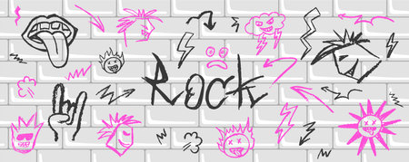 Subway tile with graffiti. Black and pink grunge rock doodle elements. Rock n roll, punk music symbols. Vector wall brick with charcoal drawn lightnings, cloud, arrows, punks and cartoon facesのイラスト素材