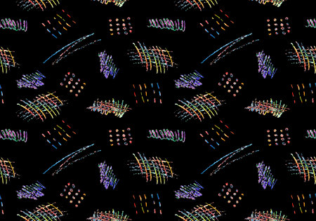 Seamless pattern of colorful naive playful shapes drawing by wax crayon pencil on black background. Chalk scribbles in pastel colors. Children brush handdrawn doodle. Chalk drawn grunge vector textureのイラスト素材