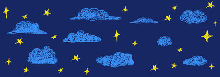 Set of abstract pencil clouds and golden stars. Hand drawn cartoon cloudy night sky. Vector illustration of collection of blue eddy on blue background. Like childrens drawing with pencils.のイラスト素材