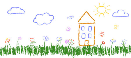 Like childrens crayon, pastel chalk or pencil drawing grass with flowers, house and butterflies. Cute landscape with yellow sun and clouds. Funny insects flying around building. Vector illustration.のイラスト素材
