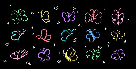 Set of butterflies drawing by pastel or charcoal pencil. Colorful chalk line butterfly simple element on black chalkboard background. Like childrens drawing cute fly collection. Vector illustration.のイラスト素材
