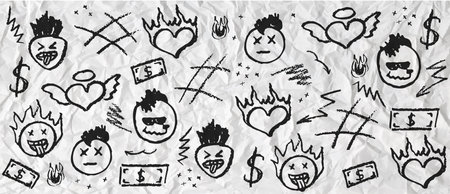 Black wax crayon drawing grafitti elements. Set of vector charcoal outline symbols cute heart, mohawk hairstyle head, mouth stick out tongue on the crumpled paper. Retro rock elements.のイラスト素材