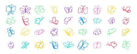 Set of butterflies drawing by pastel or charcoal pencil. Colorful chalk line butterfly simple element on white chalkboard background. Like childrens drawing cute fly collection. Vector illustration.のイラスト素材
