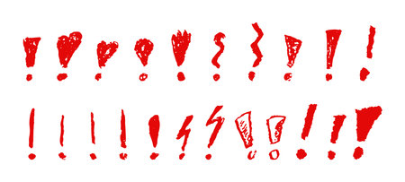 Exclamation marks symbols set. Red crayon hand written signs. Doodle icons collection for emphasize important or dangerous warning text. Vector sketch or graffiti style exclamation marks.のイラスト素材
