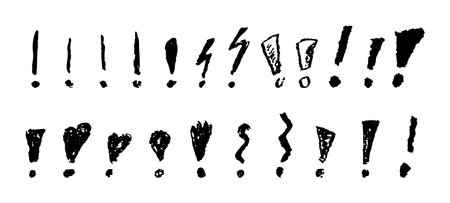 Exclamation marks symbols set. Black crayon hand written signs. Doodle icons collection for emphasize important or dangerous warning text. Vector sketch or graffiti style exclamation marks.のイラスト素材